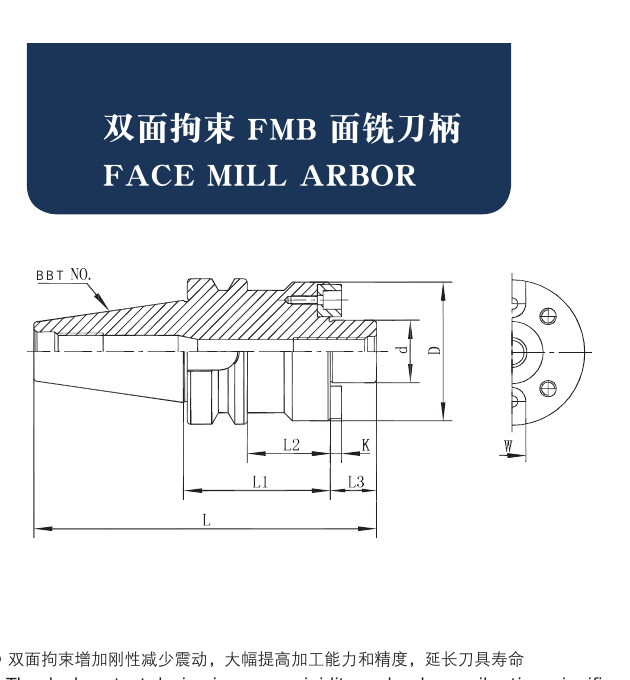 BBT Dual-Contact Tool Holders Dual-Contact FMB Face Mill Arbors catalog structure and dimension drawing