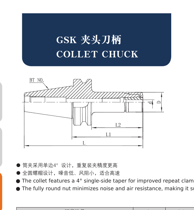 BT Tool Holders GSK Collet Chucks catalog structure and dimension drawing