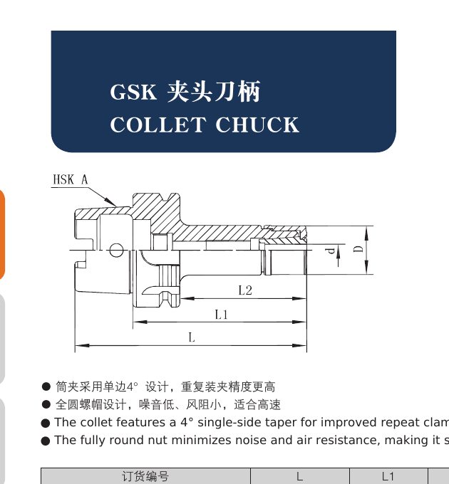 HSK Tool Holders GSK Collet Chucks catalog structure and dimension drawing